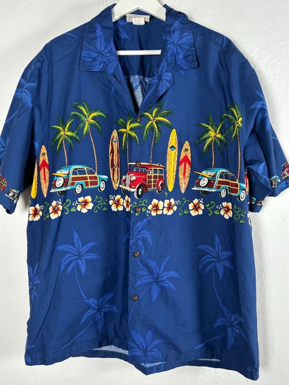 Winnie Fashion Mens Hawaiian Shirt XL Blue Surfer Print Palm Trees Surfboards